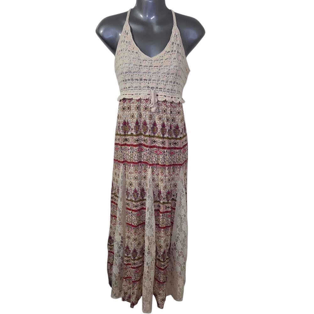 Boho Crochet Lace Halter Maxi Dress Womens Size XL Festival Boho Hippie Cottage